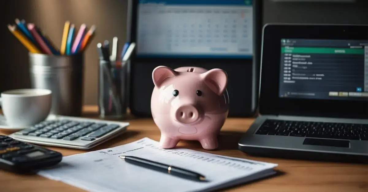 How To Save 1000 A Month: A desk with a laptop, calculator, and budgeting spreadsheets. A piggy bank and stack of cash symbolize saving. A calendar marks monthly goals