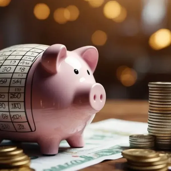 How To Save 3000 In 2 Months: A piggy bank with a target of $3000 in 2 months, surrounded by coins and bills. A calendar with two months marked in the background