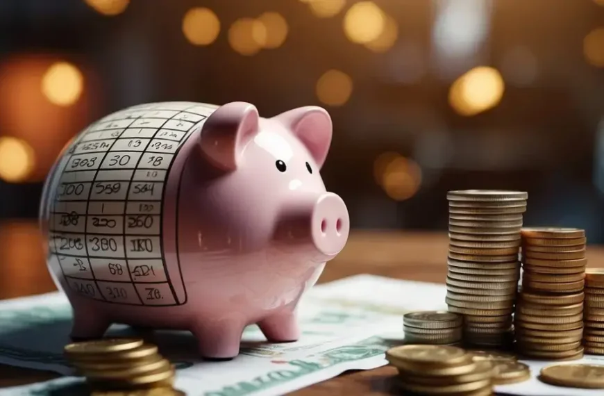 How To Save 3000 In 2 Months: A piggy bank with a target of $3000 in 2 months, surrounded by coins and bills. A calendar with two months marked in the background