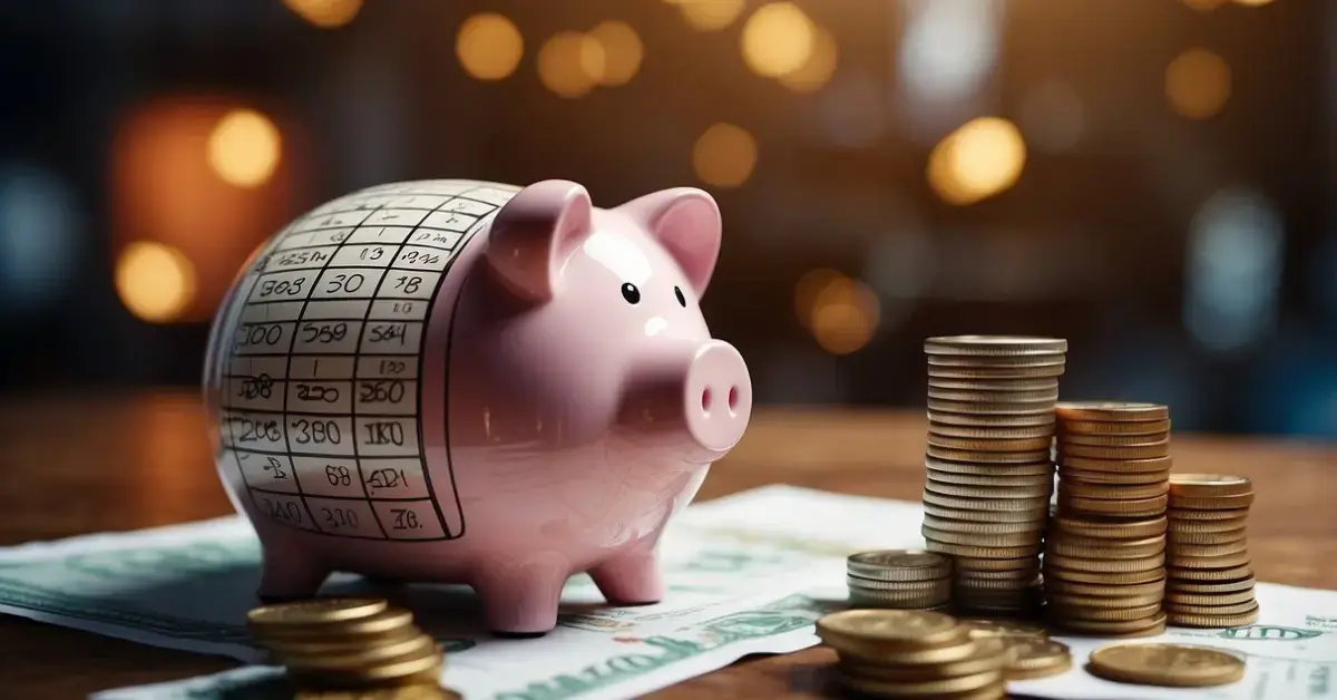 How To Save 3000 In 2 Months: A piggy bank with a target of $3000 in 2 months, surrounded by coins and bills. A calendar with two months marked in the background