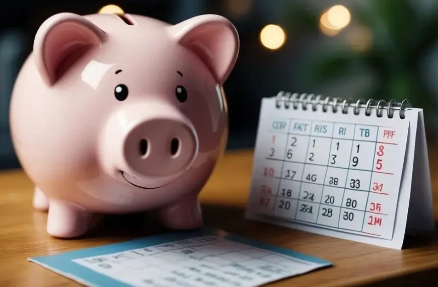 How To Save 3000 In 3 Months: A piggy bank sits on a shelf, with a calendar showing 3 months. Coins and bills are being dropped into the piggy bank, symbolizing the goal of saving $3000 in 3 months