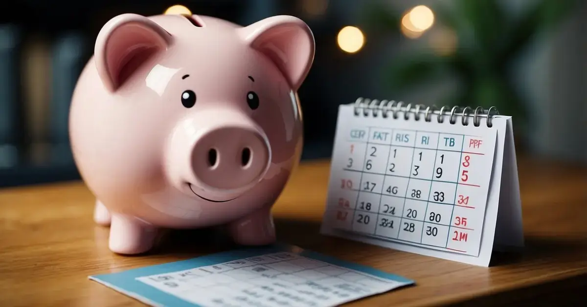 How To Save 3000 In 3 Months: A piggy bank sits on a shelf, with a calendar showing 3 months. Coins and bills are being dropped into the piggy bank, symbolizing the goal of saving $3000 in 3 months