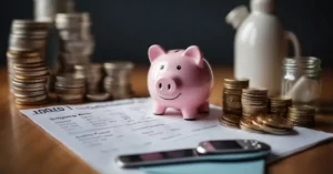 How To Save 4000 In 3 Months: A piggy bank sits on a table surrounded by a calendar, a stack of bills, and a jar of coins. A graph shows a steady increase in savings over three months