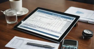 A desk with a laptop open to a budgeting spreadsheet, a calendar with 3 months highlighted, and a jar labeled "Savings Goal: $5000" with money being added