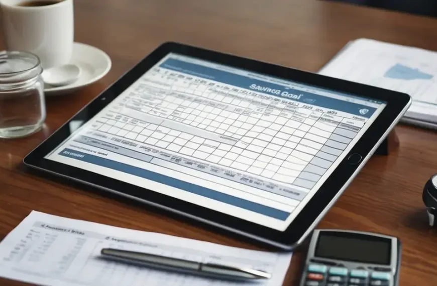 A desk with a laptop open to a budgeting spreadsheet, a calendar with 3 months highlighted, and a jar labeled "Savings Goal: $5000" with money being added