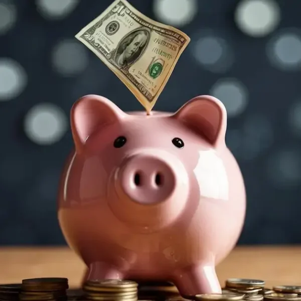 How To Save $10,000 In 6 Months: A piggy bank sits on a desk, surrounded by stacks of coins and dollar bills. A calendar on the wall shows six months marked with savings goals