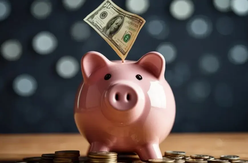 How To Save $10,000 In 6 Months: A piggy bank sits on a desk, surrounded by stacks of coins and dollar bills. A calendar on the wall shows six months marked with savings goals