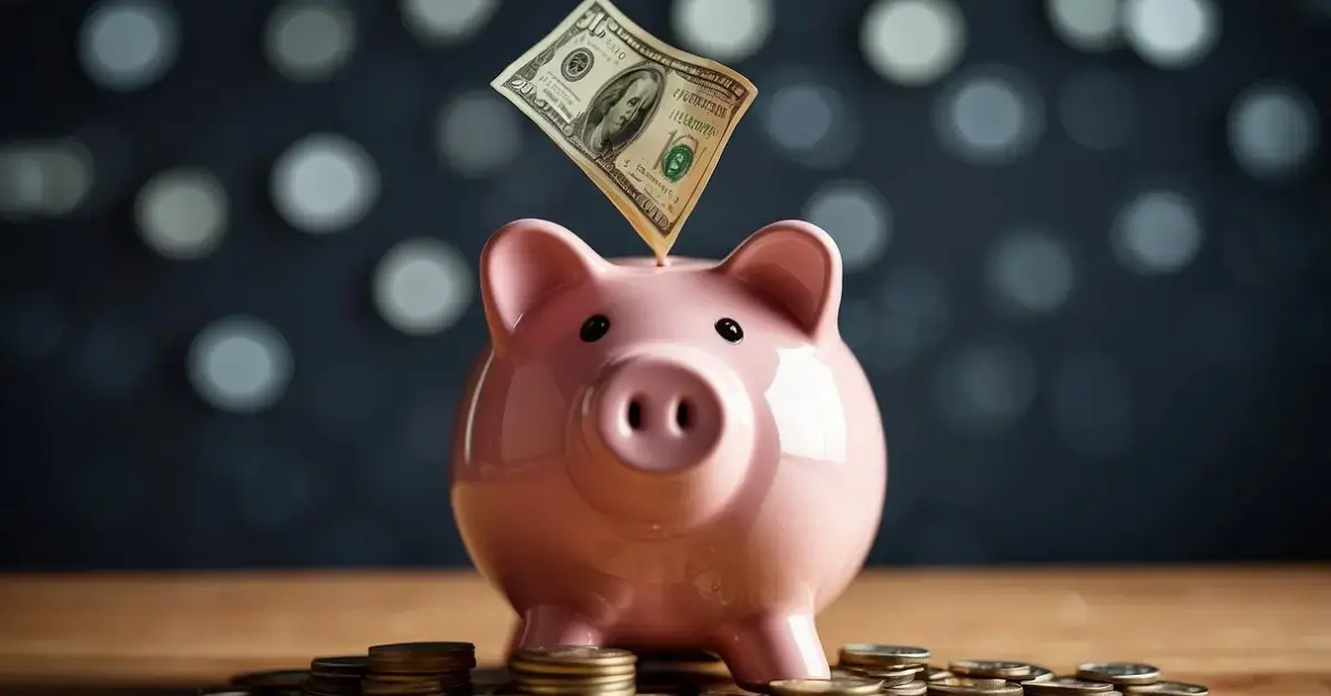 How To Save $10,000 In 6 Months: A piggy bank sits on a desk, surrounded by stacks of coins and dollar bills. A calendar on the wall shows six months marked with savings goals