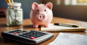 How To Save 5000 In A Year: A desk with a calculator, notebook, and pen. A jar labeled "5000 savings goal" sits next to a piggy bank. A calendar marks the date a year from now