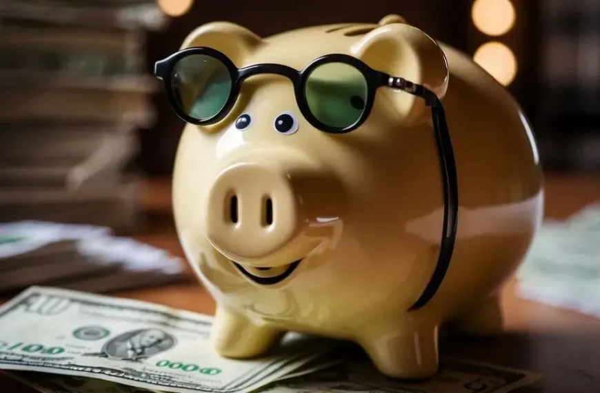 How To Save 10000 In A Year: A piggy bank with a $10,000 goal written on it, surrounded by stacks of cash and a calendar marking the passage of time