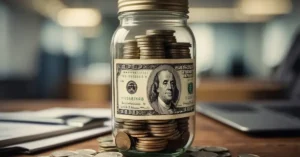 How To Save 5000 In 2 Months: A stack of money grows rapidly in a jar labeled "Savings" next to a calendar showing 2 months. A graph displays an upward trend