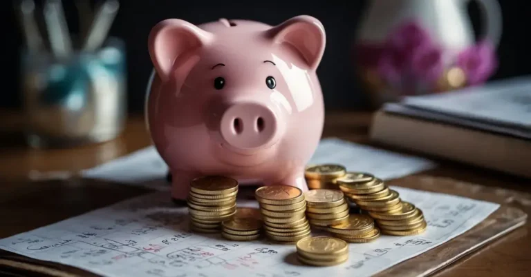 How To Save 5000 In 6 Months: A piggy bank with $5000 goal written on it, surrounded by a calendar showing 6 months. A path of coins leads to the piggy bank