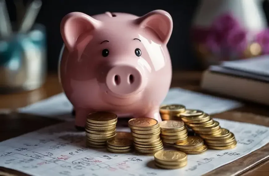 How To Save 5000 In 6 Months: A piggy bank with $5000 goal written on it, surrounded by a calendar showing 6 months. A path of coins leads to the piggy bank