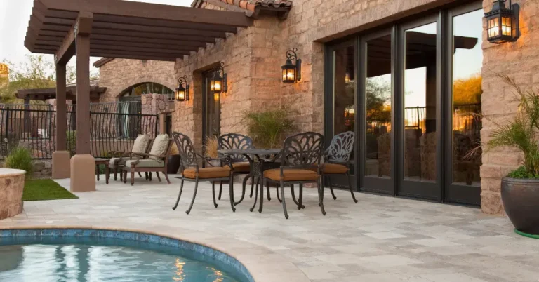 Concrete Patio Ideas On A Budget: a hous with a pool